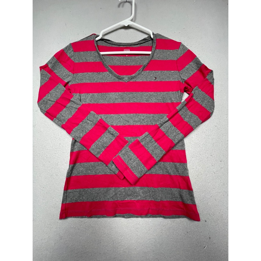 Tommy Hilfiger V-Neck Shirt 100% Cotton Pink Grey Striped S Womens